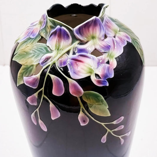 Elegant black ceramic vase with 3D purple wisteria flowers and green leaves, vintage home décor accent