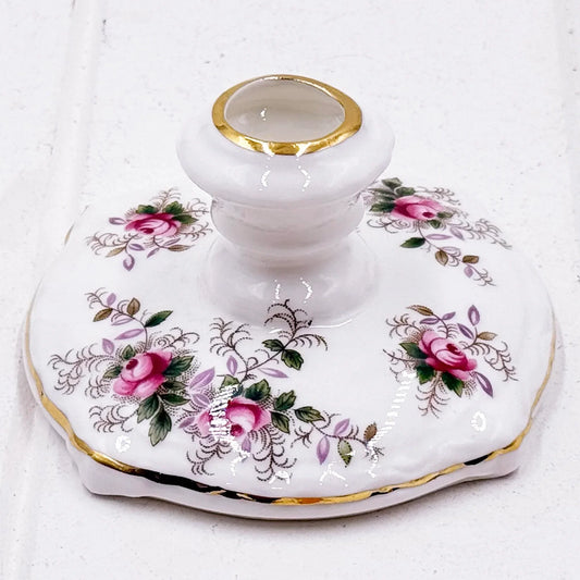 Elegant porcelain candle holder with pink rose floral design and gold trim, vintage home décor accent