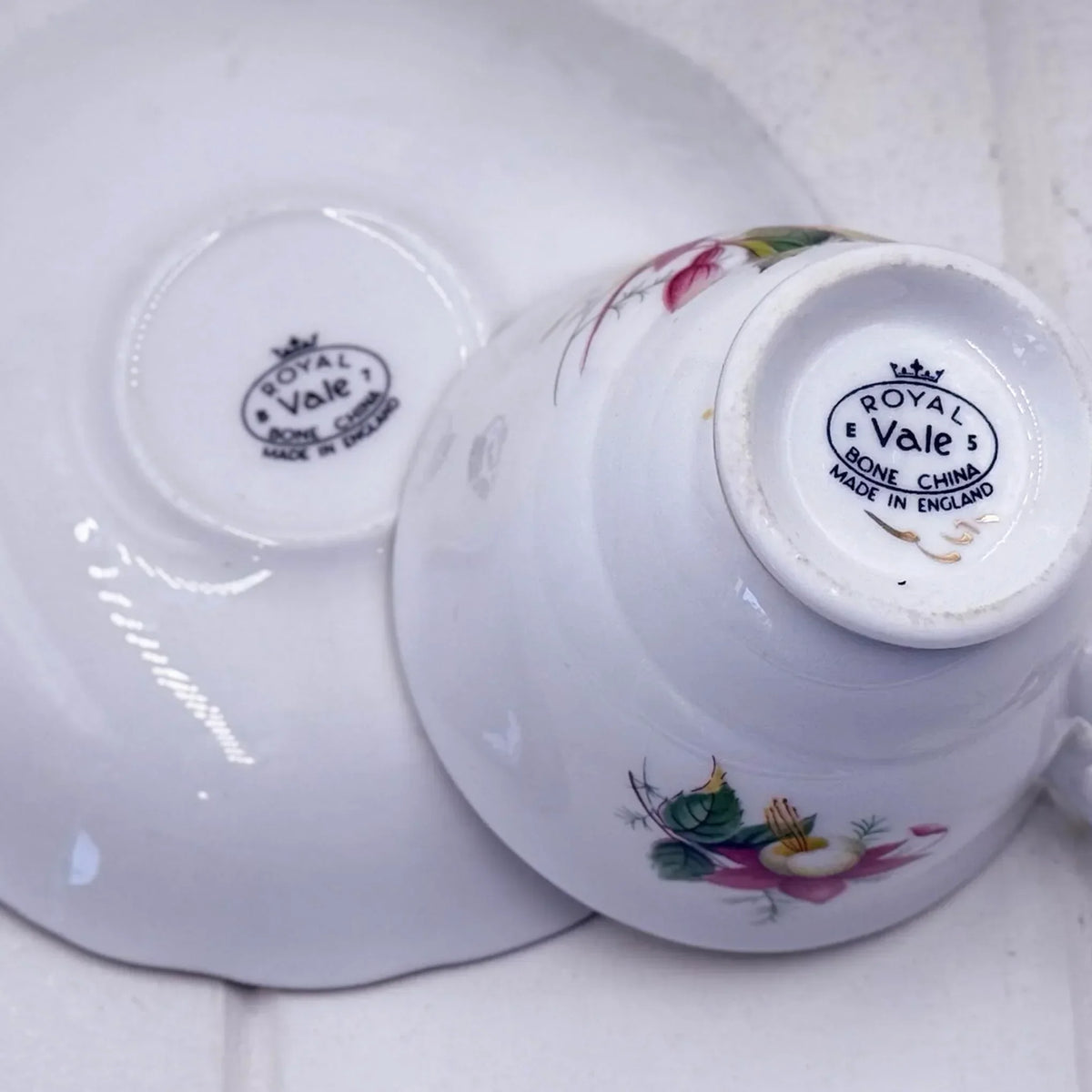 Royal Vale bone china teacup and saucer with floral design, made in England, vintage homeware