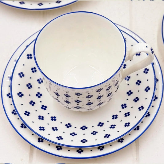 White ceramic teacup and saucer set with blue floral pattern, elegant home décor for tea service