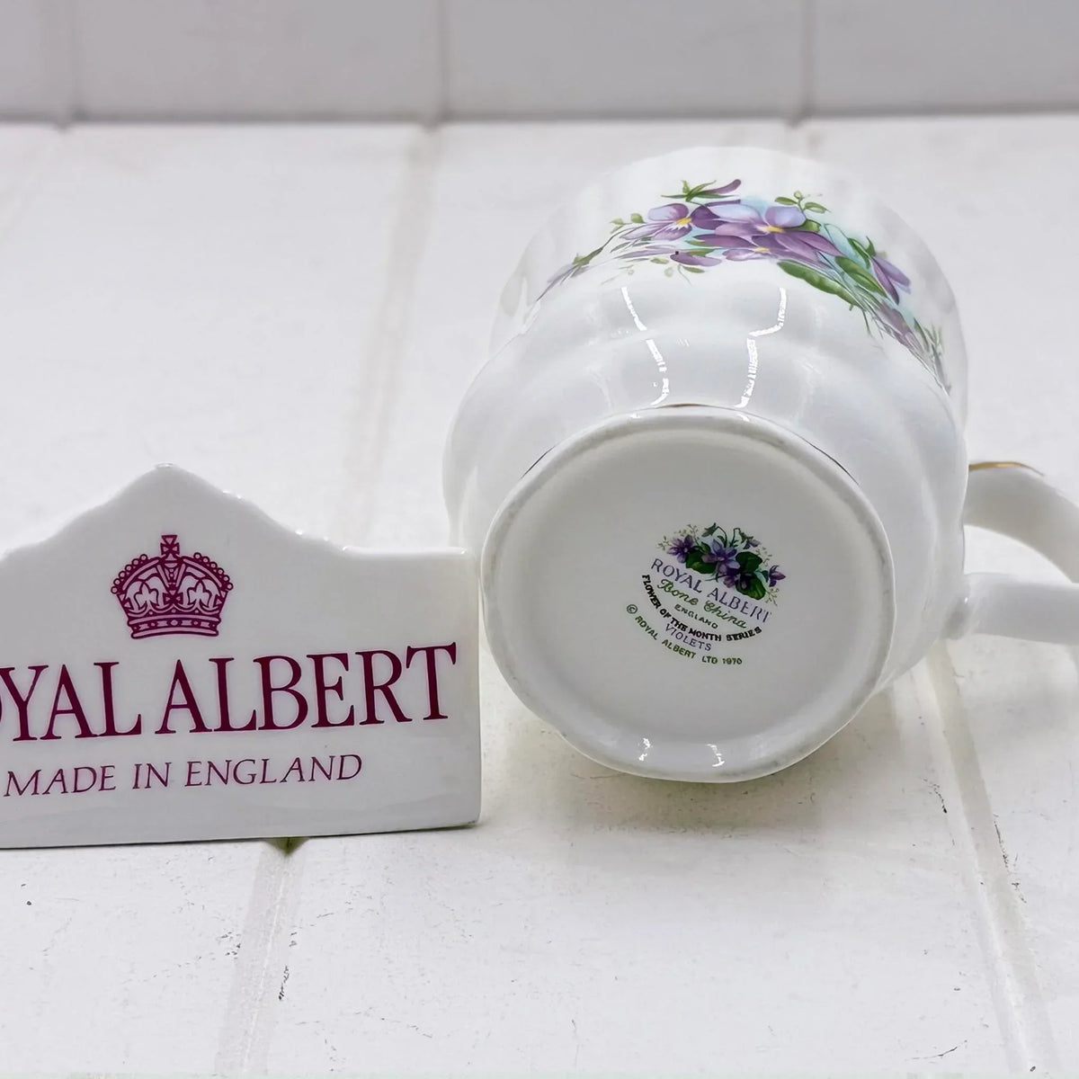 Royal Albert bone china mug with violet floral design, made in England, vintage collectible homeware