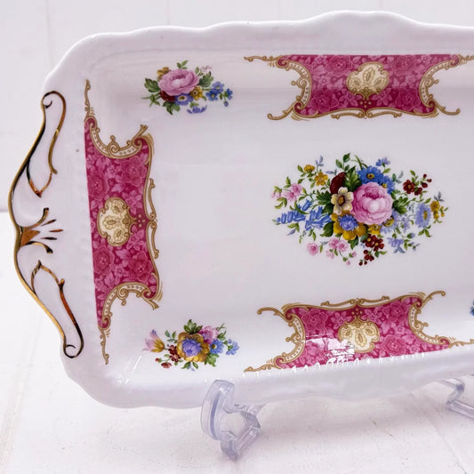 Elegant porcelain tray with floral bouquet, pink damask, and gold trim for vintage home décor