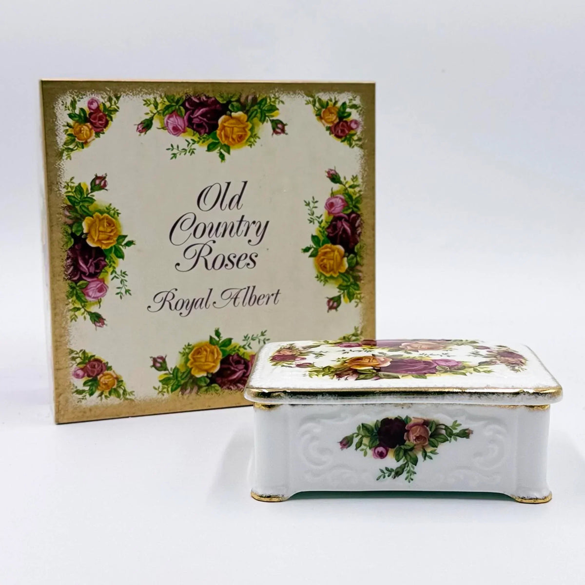Royal Albert Old Country Roses porcelain trinket box with floral design and gold trim, vintage home decor
