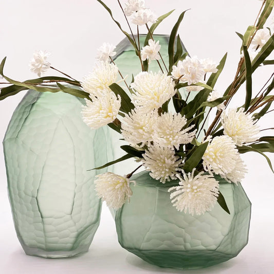Mint green textured glass vases with white floral arrangement, elegant home décor accent pieces