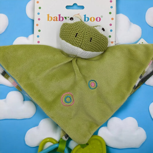 Green frog plush baby comforter with embroidered circles, soft security blanket for infants