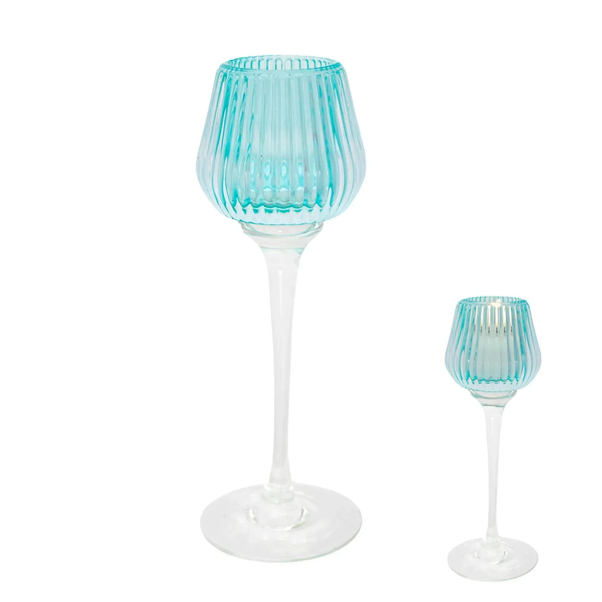 Turquoise ribbed glass candle holders with clear stems, elegant home décor accents