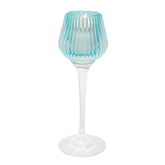 Turquoise ribbed glass candle holder with stem, elegant home décor accent