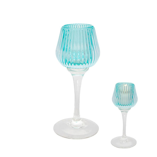 Turquoise ribbed glass candle holders with clear stems, elegant home décor accents