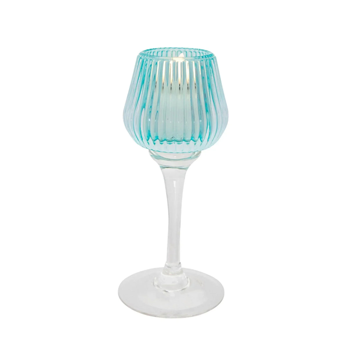 Turquoise ribbed glass candle holder with stem, elegant home décor accent for vintage or designer interiors