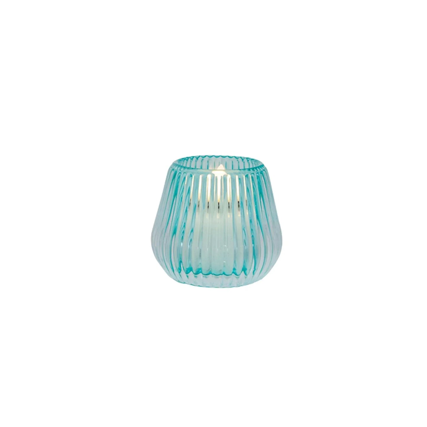 Turquoise ribbed glass candle holder with lit candle, elegant home décor accent