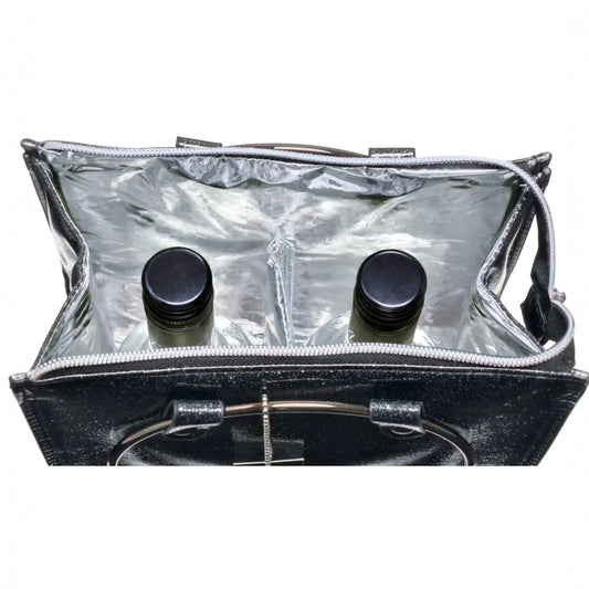 Black glitter wine tote bag with two bottles inside, perfect for home décor and gifting
