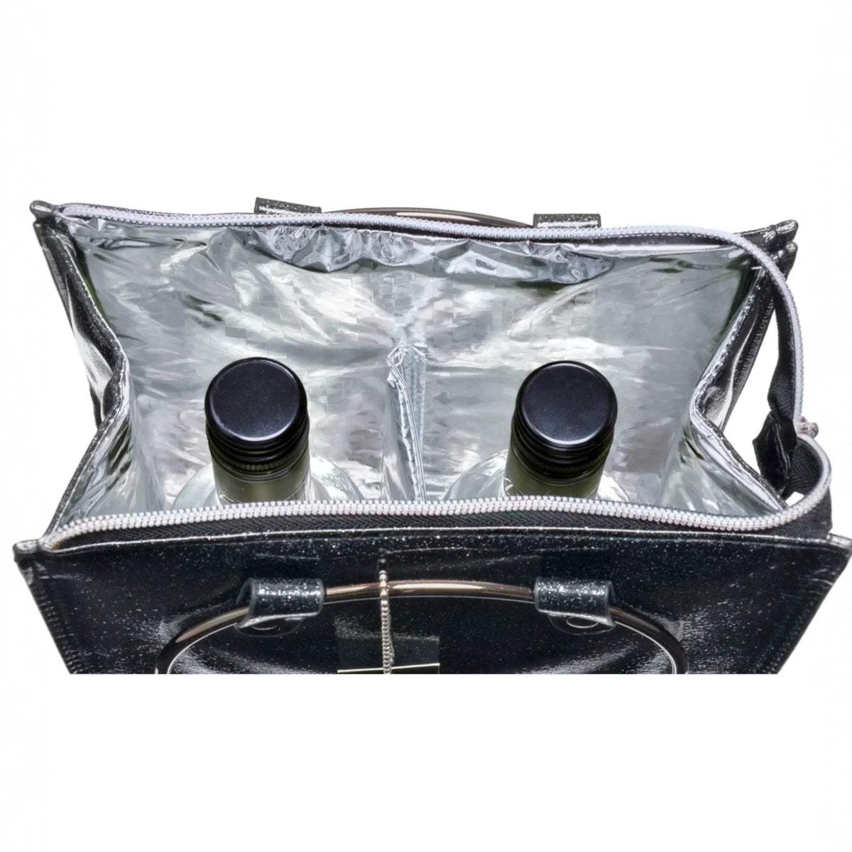 Sparkly black wine tote bag with insulated interior holding two bottles, perfect for home entertaining or gifting.