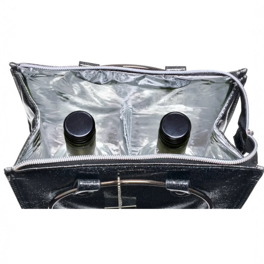 Sparkly black wine tote bag with insulated interior holding two bottles, perfect for home entertaining or gifting.