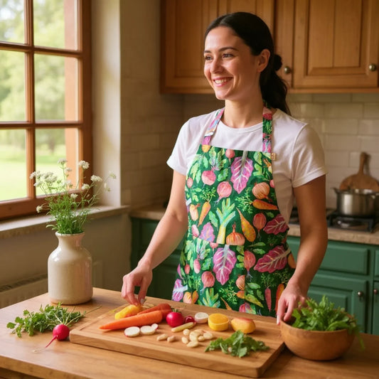 Woman in colorful vegetable-print apron preparing fresh produce in a bright kitchen with wooden countertops.
