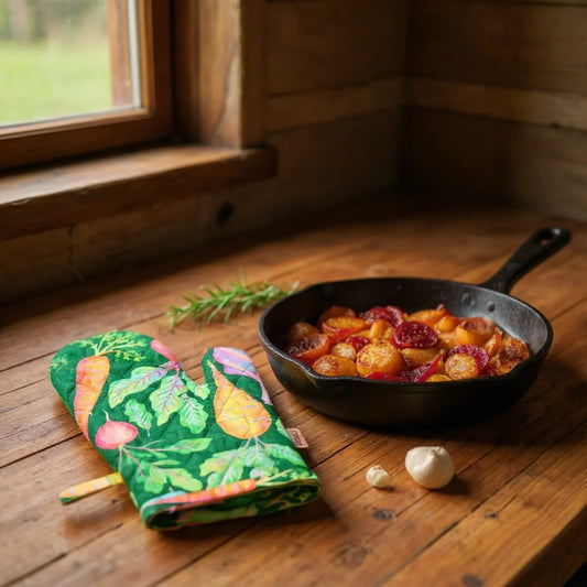 Colorful vegetable-print oven mitt beside cast iron skillet with roasted veggies on rustic wood table near window