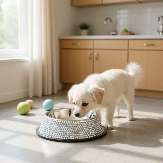 Cute puppy eating from a sparkling rhinestone dog bowl in a bright kitchen, luxury pet accessory