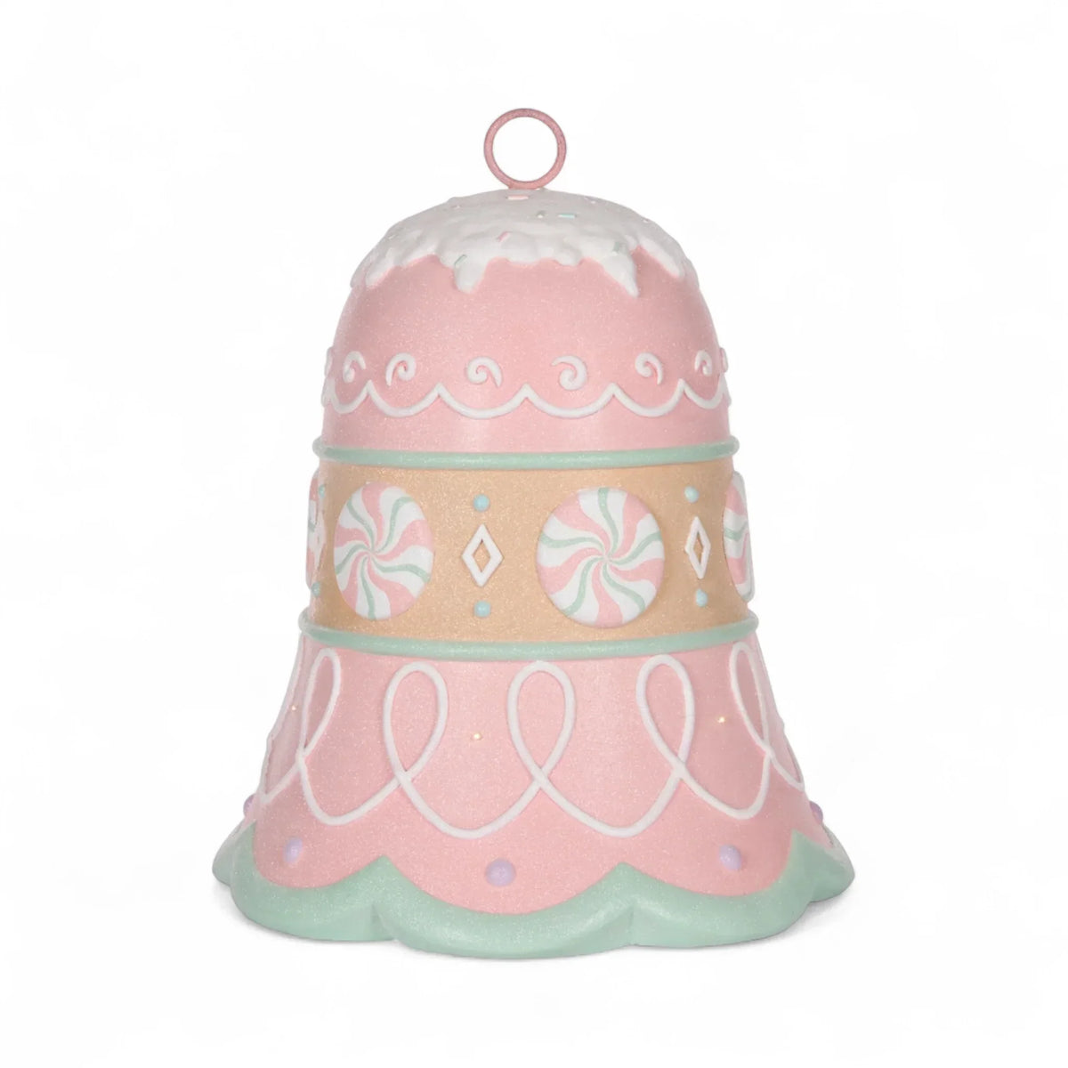 Pastel pink and mint bell ornament with candy swirls, perfect for festive home décor and holiday styling.