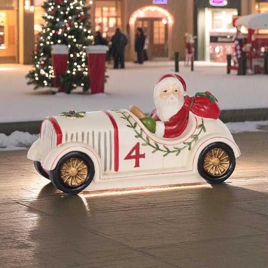 Santa Claus in vintage white car with red accents, holiday decor, Christmas tree background