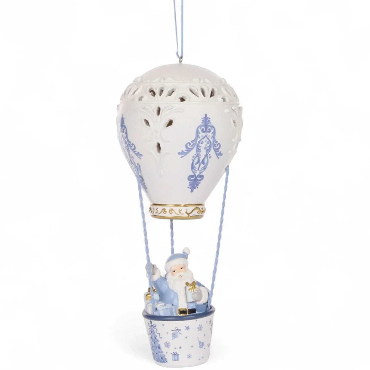 White and blue porcelain hot air balloon ornament with Santa, perfect for Christmas home dΓ©cor and festive hanging display.
