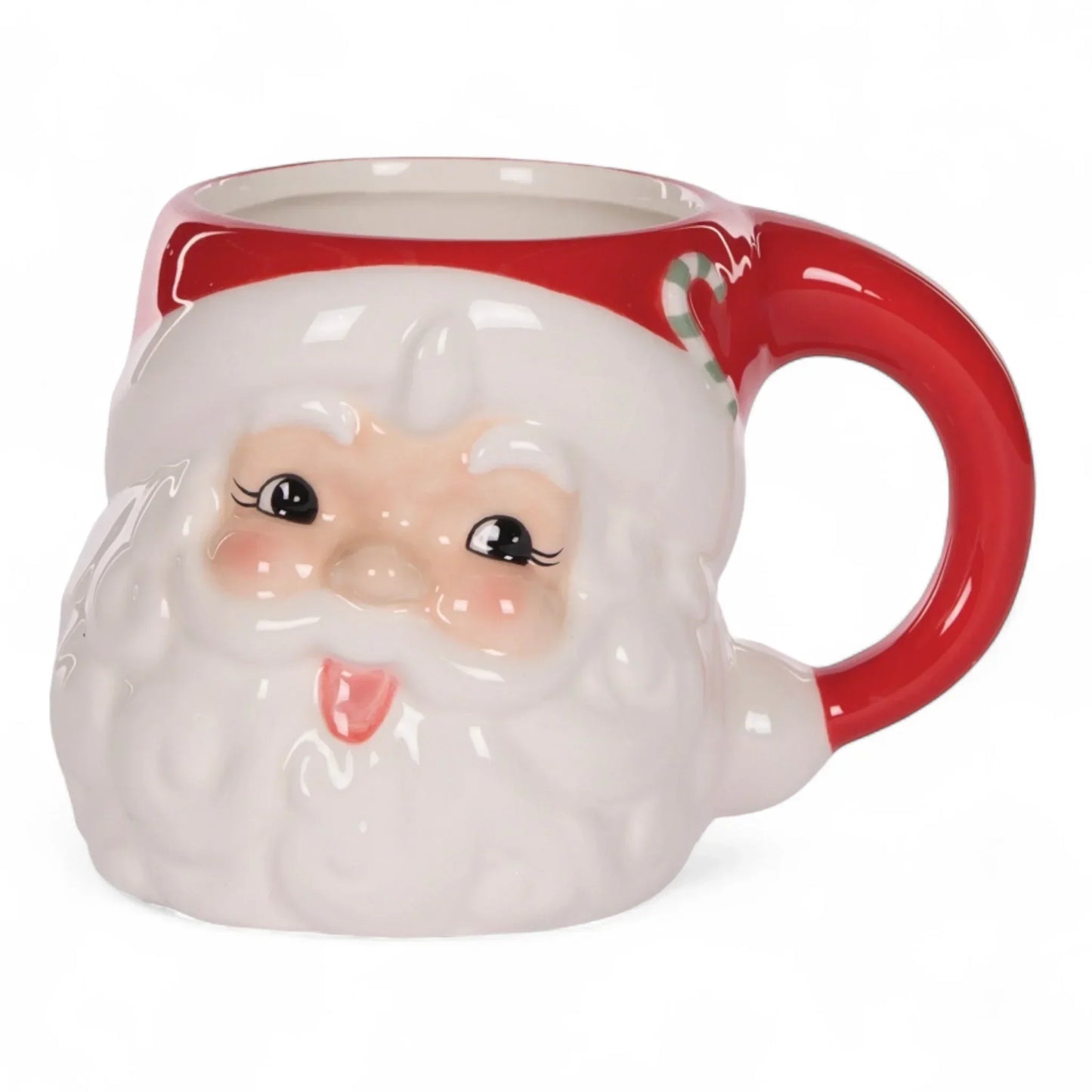 Cute Santa Claus ceramic mug with red handle and candy cane detail, festive holiday homeware