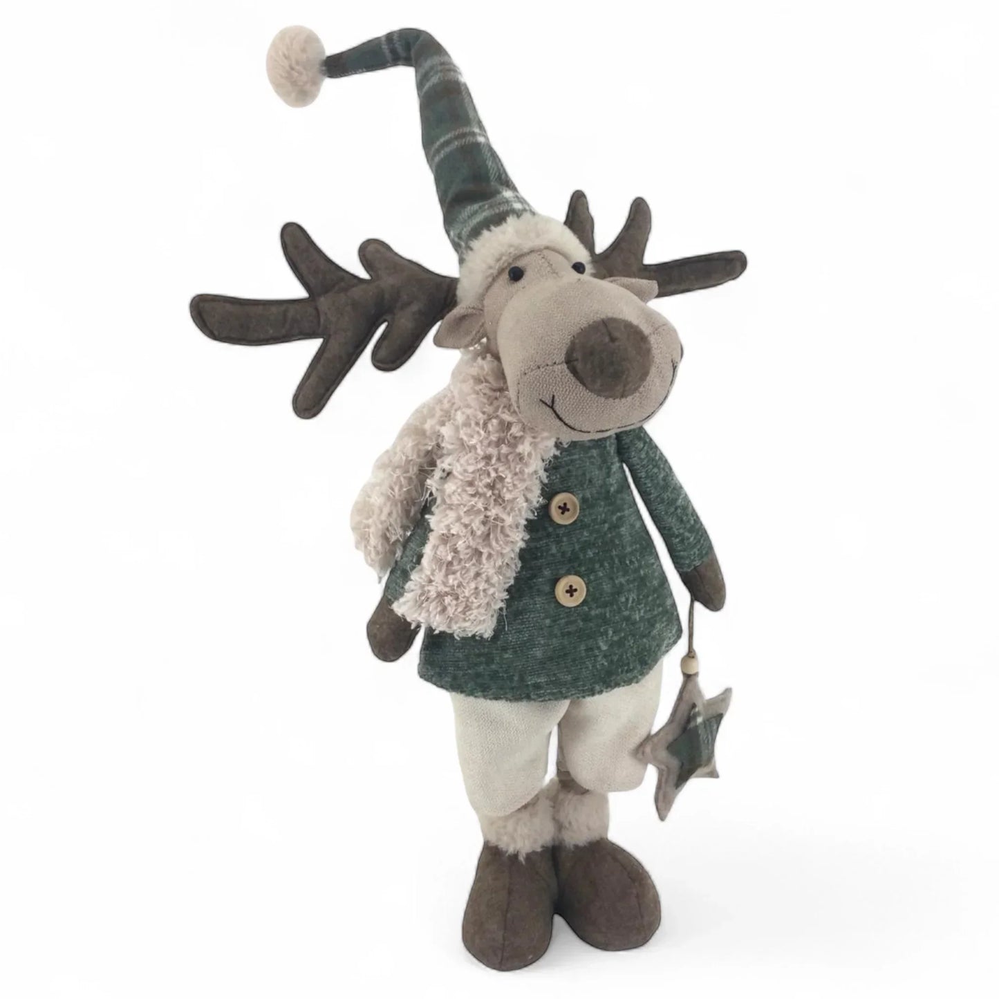 Charming plush reindeer decoration in green coat, plaid hat, and fluffy scarf, holding star ornament for festive home décor