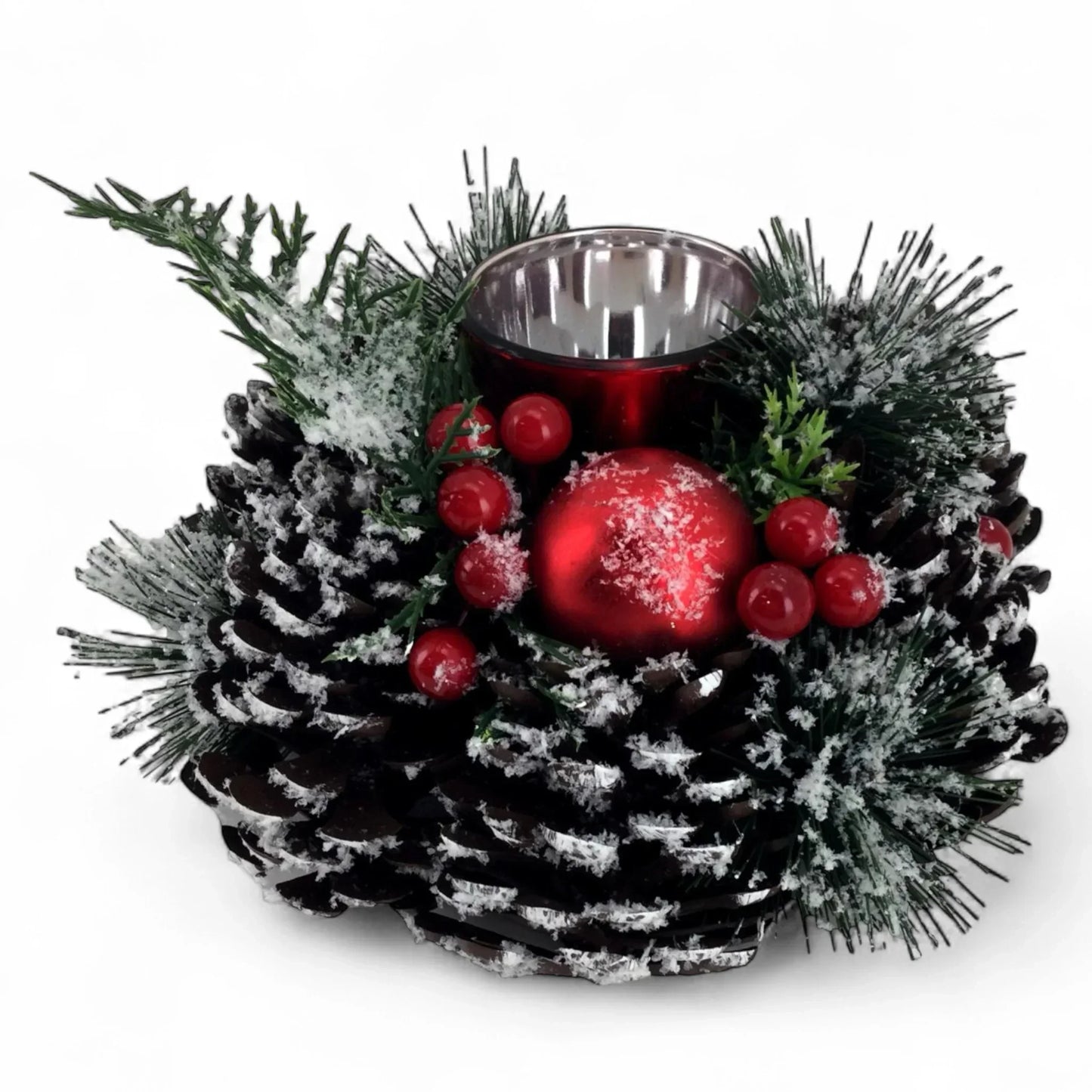 Frosted pinecone centerpiece with red ornaments and candle holder for holiday decor