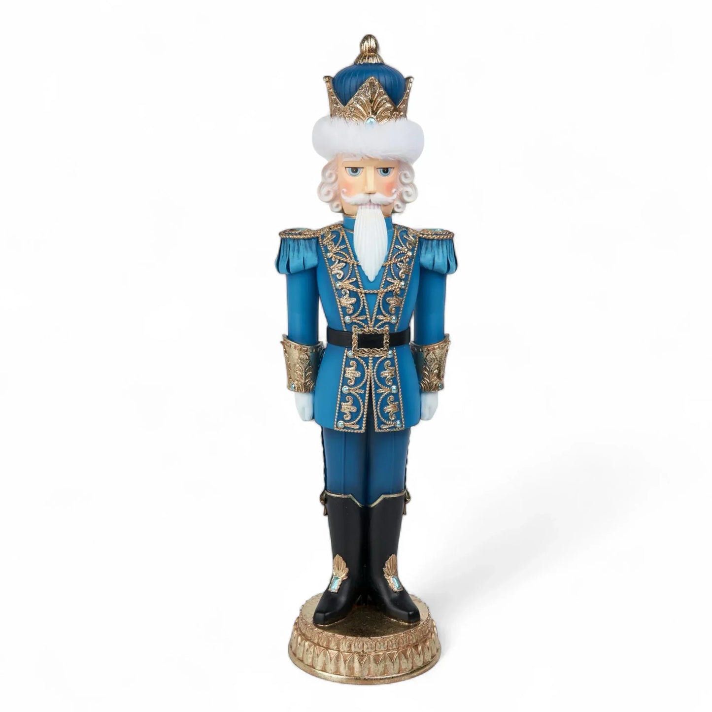 Blue and gold nutcracker soldier figurine with crown, festive holiday decor for home