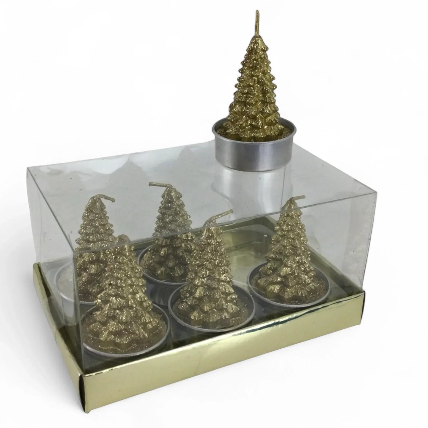 Gold glitter Christmas tree tealight candles in clear gift box, festive home décor