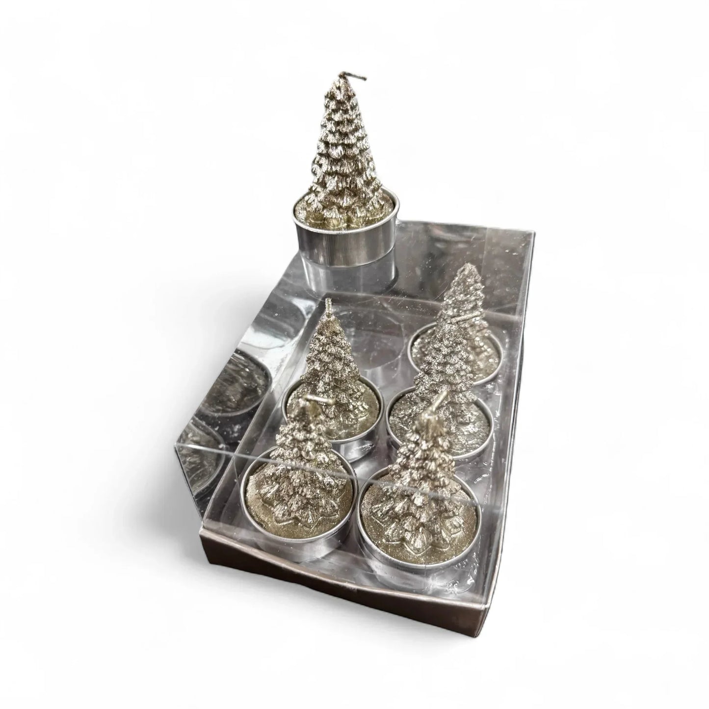 Silver glitter Christmas tree candles in clear packaging for festive home décor
