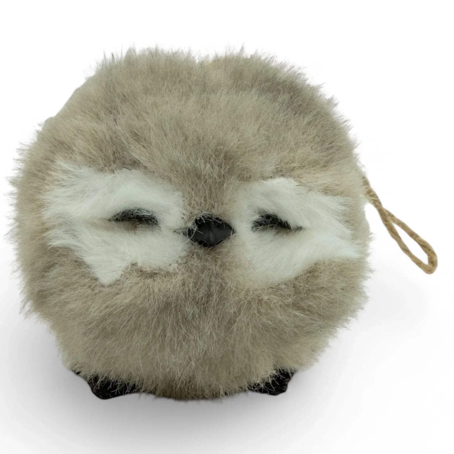 Fluffy grey owl-shaped decorative cushion with white accents and twine loop, perfect for cozy home décor