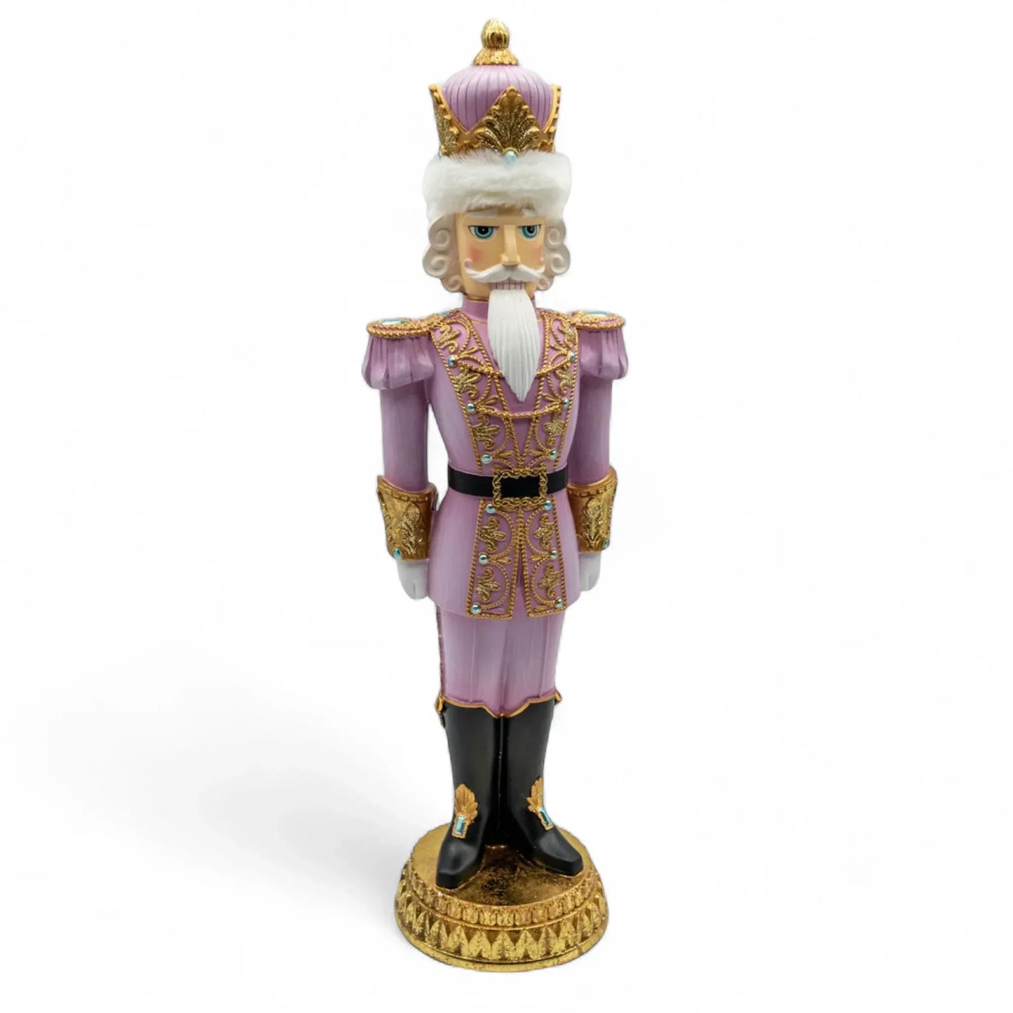 Elegant pink nutcracker with gold accents and crown, perfect for festive home décor