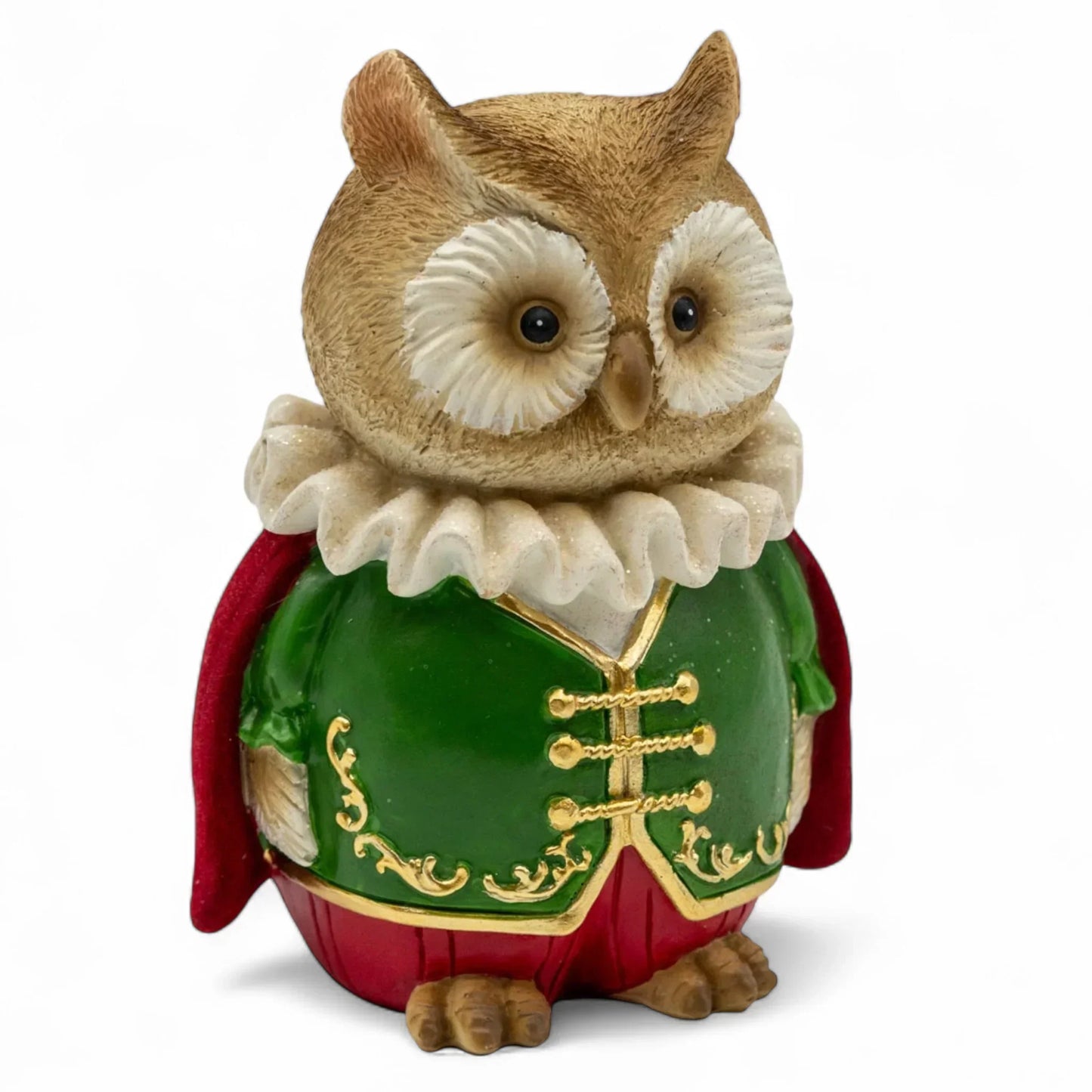 Charming owl figurine in green and red royal attire with gold trim, perfect for vintage home décor.
