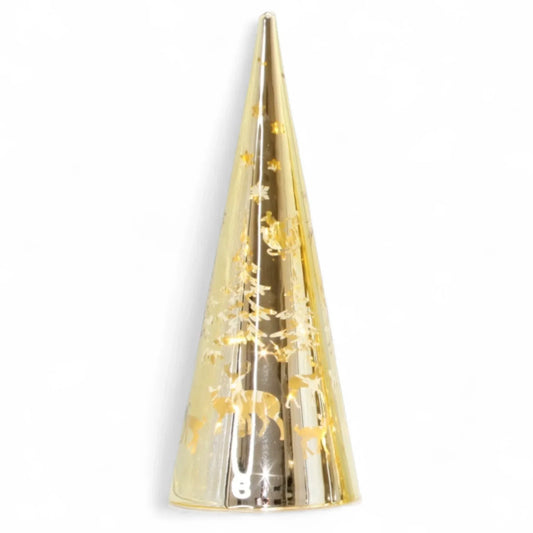 Golden cone-shaped Christmas tree decoration with deer and star motifs, festive holiday home décor