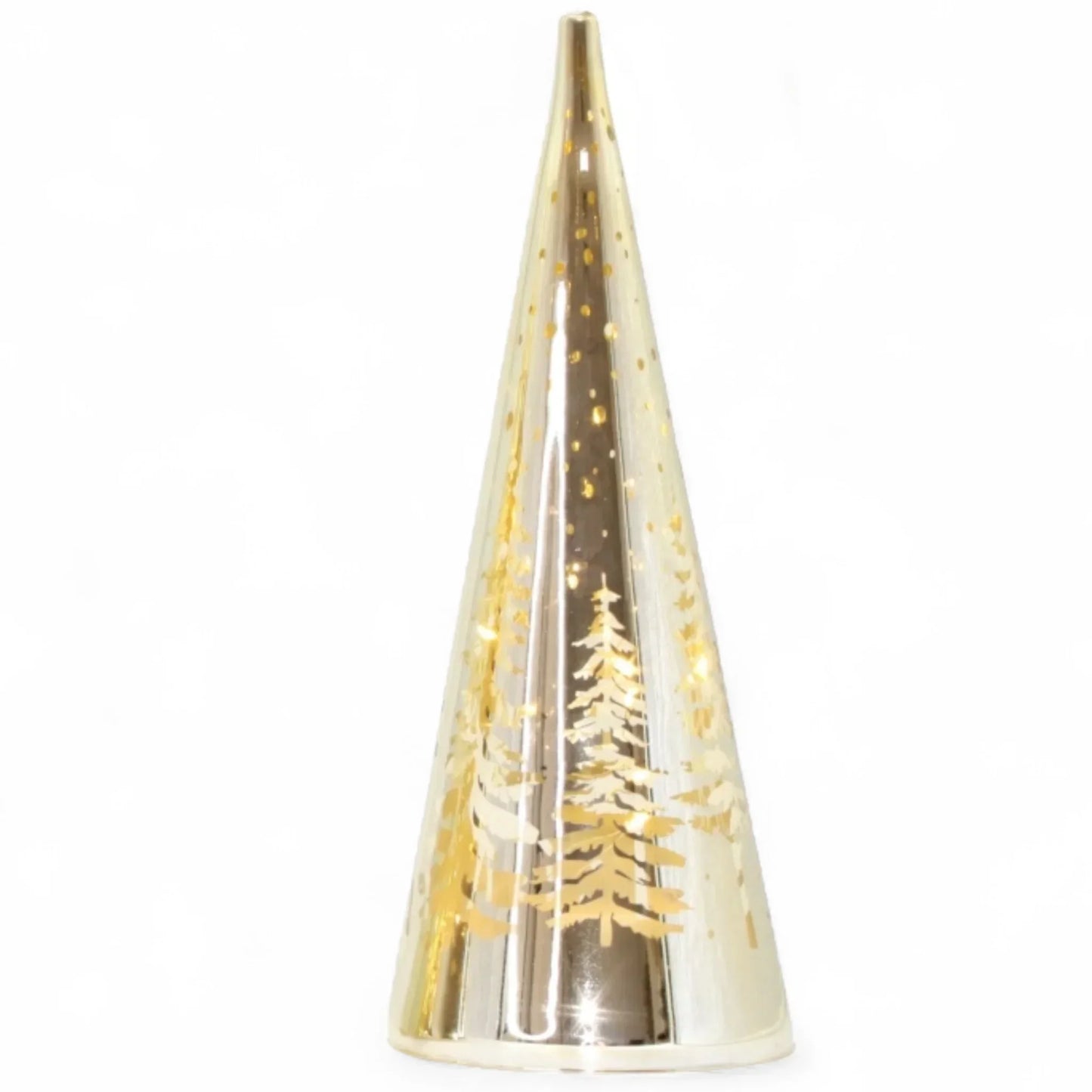 Golden cone-shaped holiday decor with tree silhouettes and sparkling lights