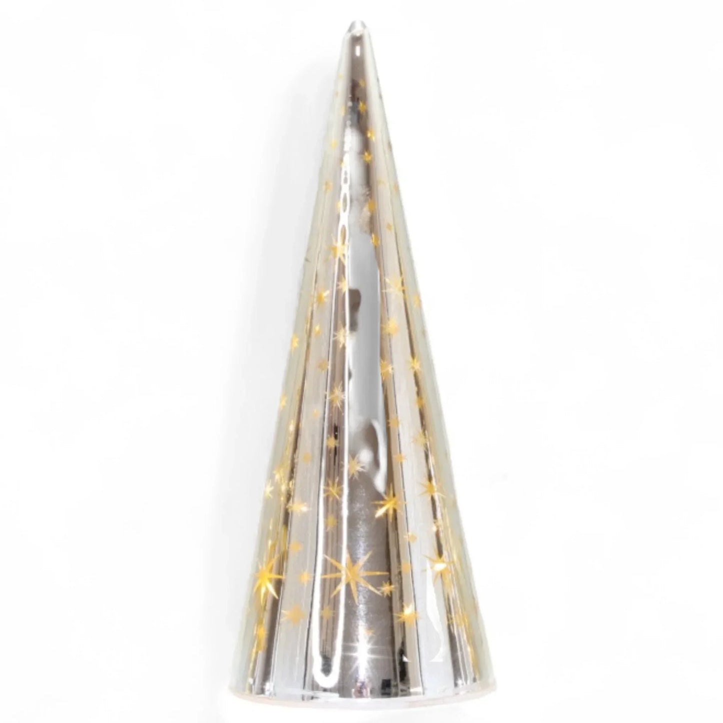 Silver cone tree topper with gold star accents, festive holiday decoration