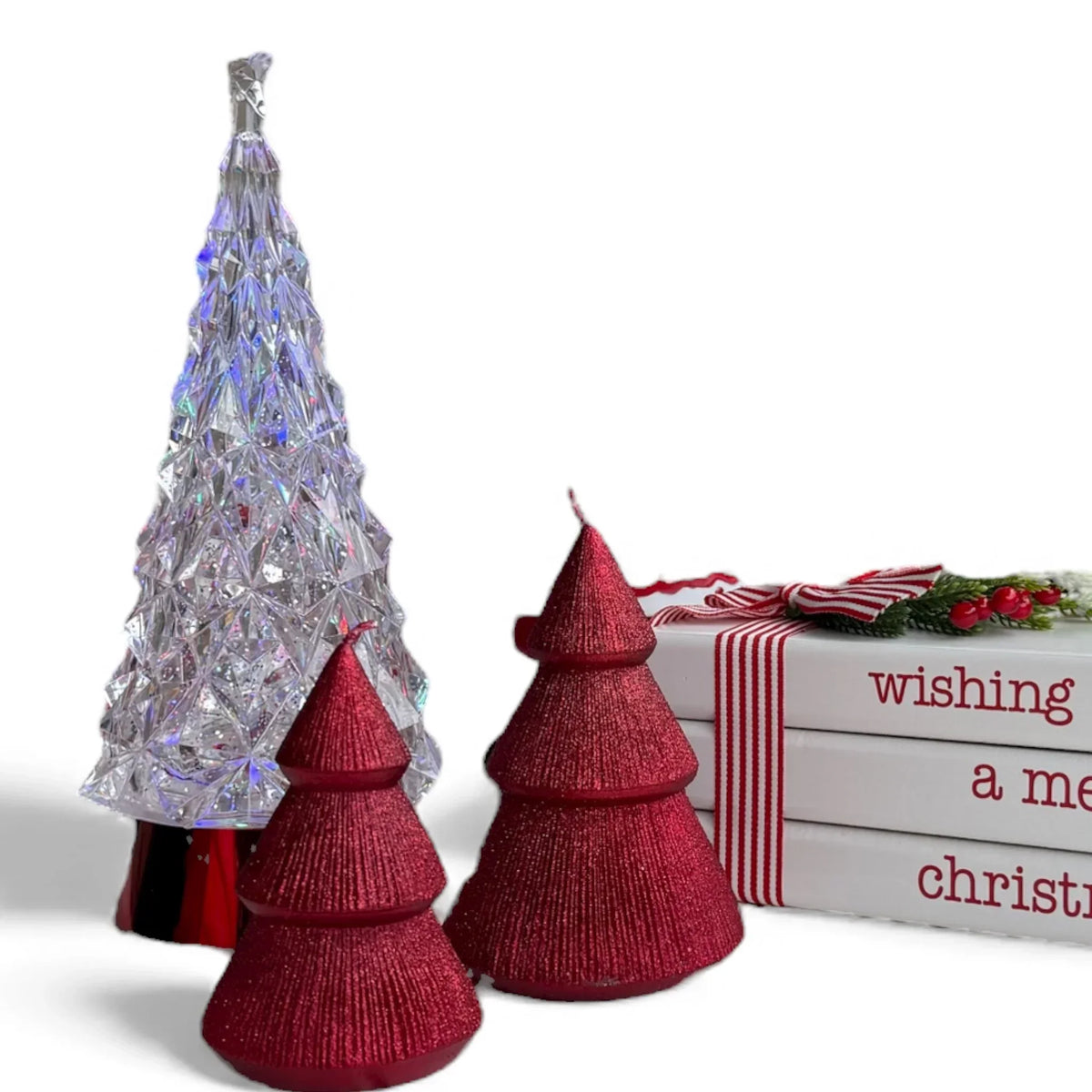 Sparkling crystal and red glitter Christmas tree decorations with festive books, perfect for holiday home décor