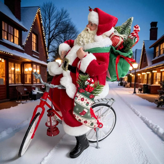 Santa Claus figurine on red bicycle with Christmas gifts, festive stocking, and snow-covered street scene