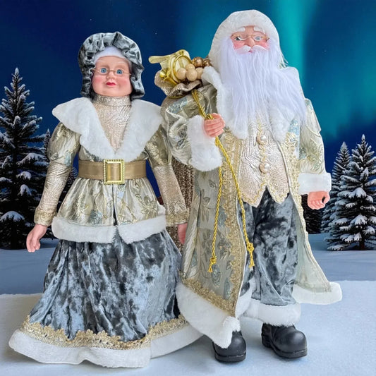 Elegant Santa & Mrs. Claus figurines in silver velvet, gold trim, festive holiday decor for Christmas home styling