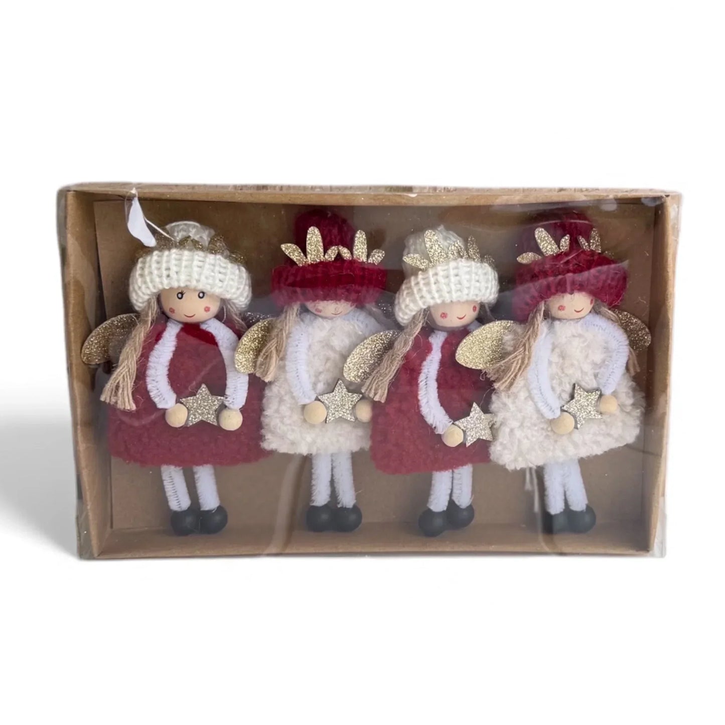 Set of four festive angel ornaments with red and white outfits, glitter stars, and knitted hats