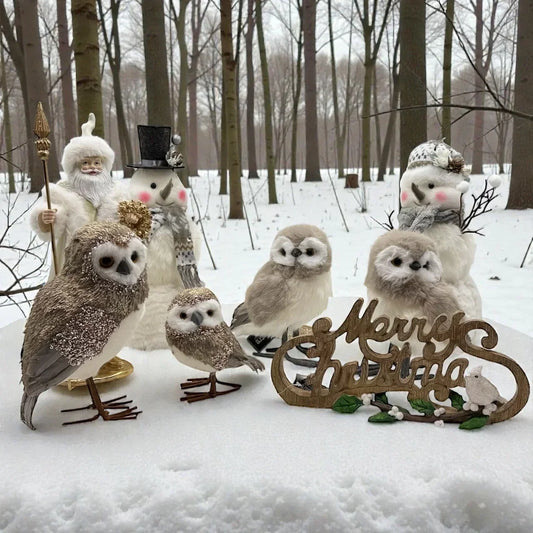 Festive Christmas decor with snowy owls, snowmen, Santa, and wooden Merry Christmas sign in winter forest