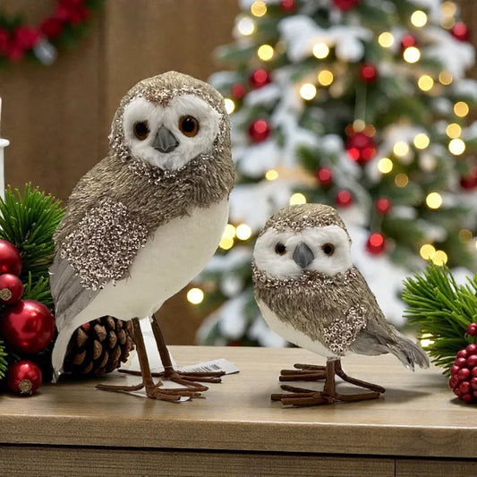 Sparkly owl figurines with glitter accents, festive Christmas decor on wooden shelf