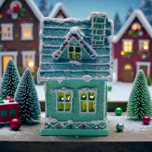 Teal glitter gingerbread house with snowy roof, festive windows, and holiday ornaments for Christmas décor