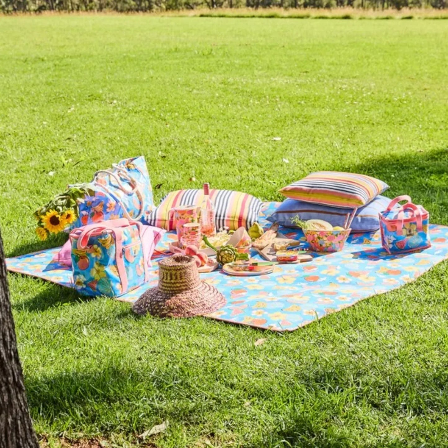 Colorful picnic setup with floral blanket, striped cushions, and vintage-style accessories on lush green grass