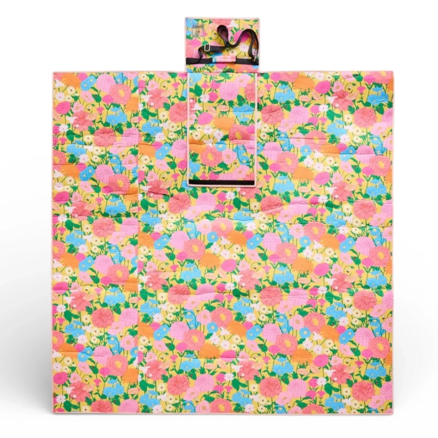 Colorful floral picnic blanket with carry strap, perfect for outdoor gatherings and garden parties