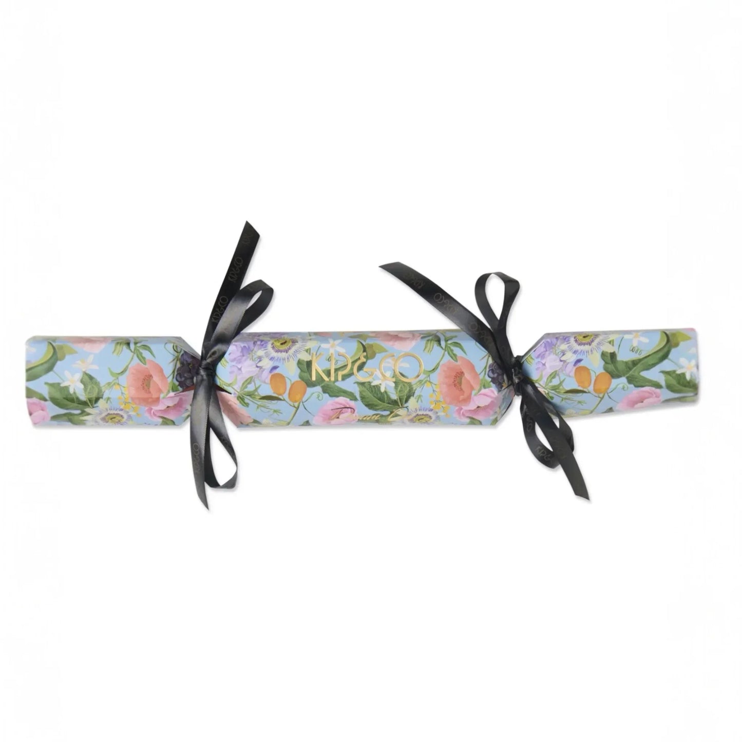Elegant floral Christmas cracker with black ribbon, perfect for holiday dΓ©cor and festive gifting.