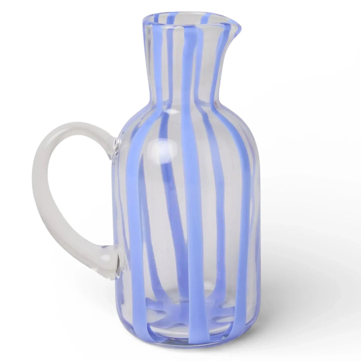 Clear glass pitcher with blue vertical stripes, elegant home décor accent piece
