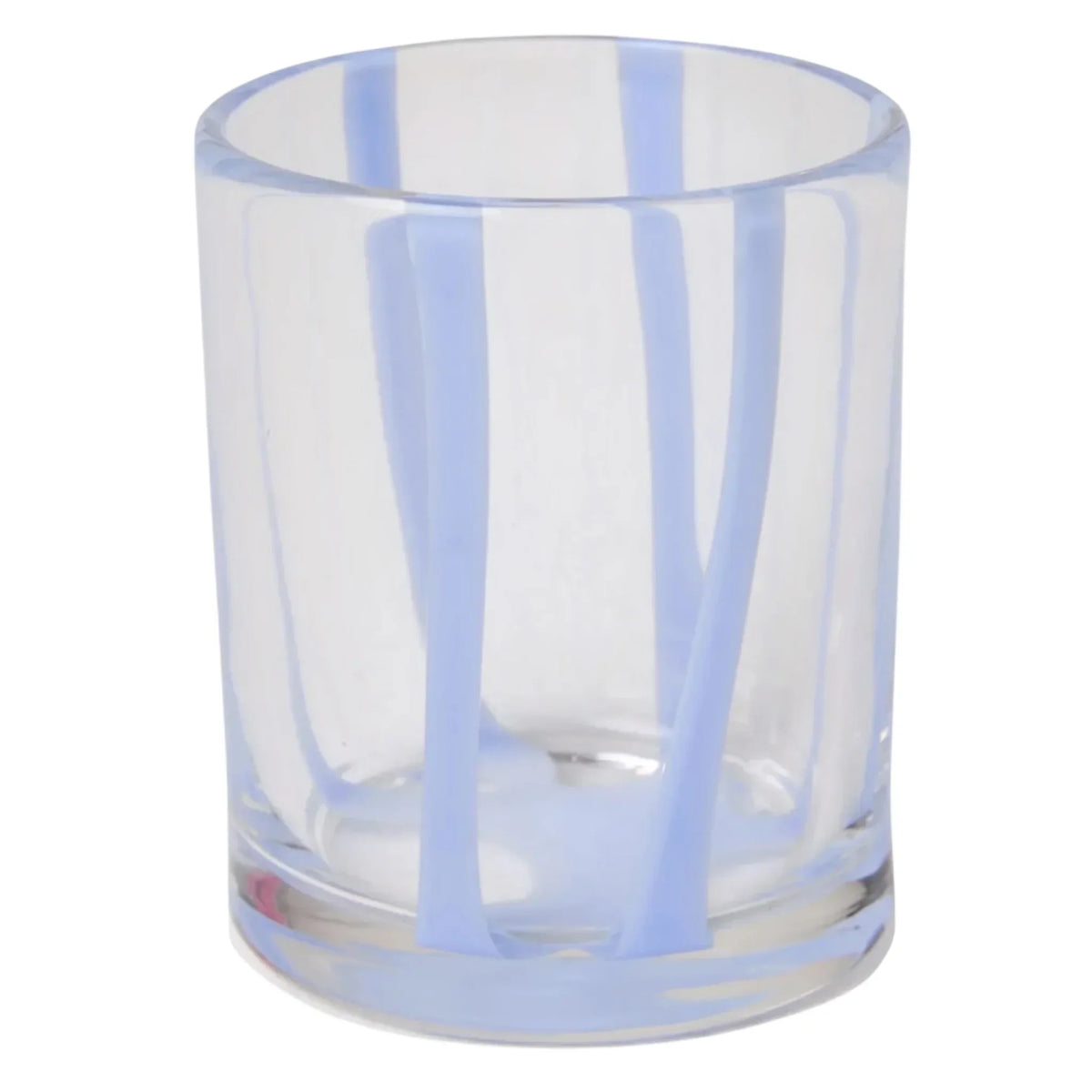 Clear glass tumbler with light blue vertical stripes, modern home décor accessory