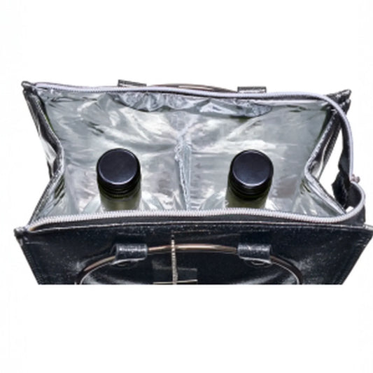 Black velvet wine carrier with silver interior, holding two bottles, perfect for home entertaining or gifts.