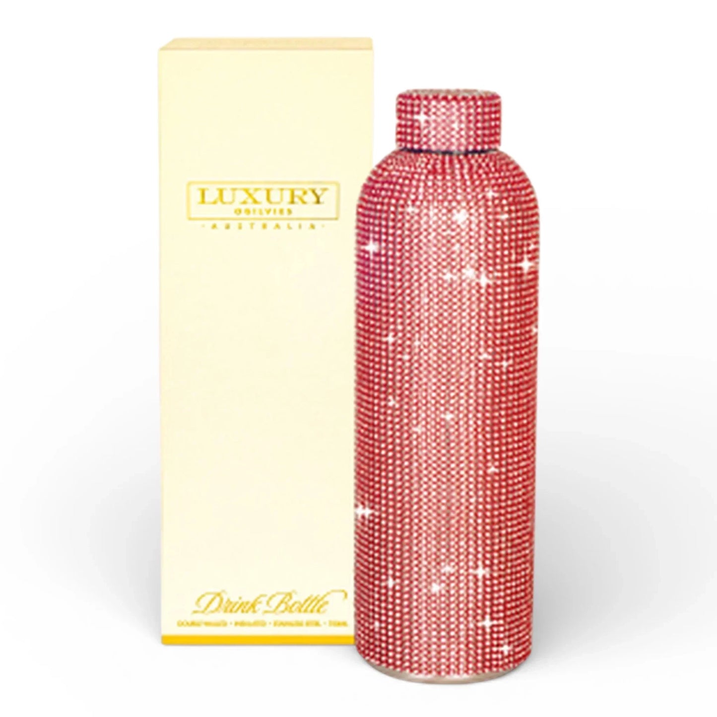 Red crystal-embellished luxury drink bottle with gift box, elegant home décor accessory