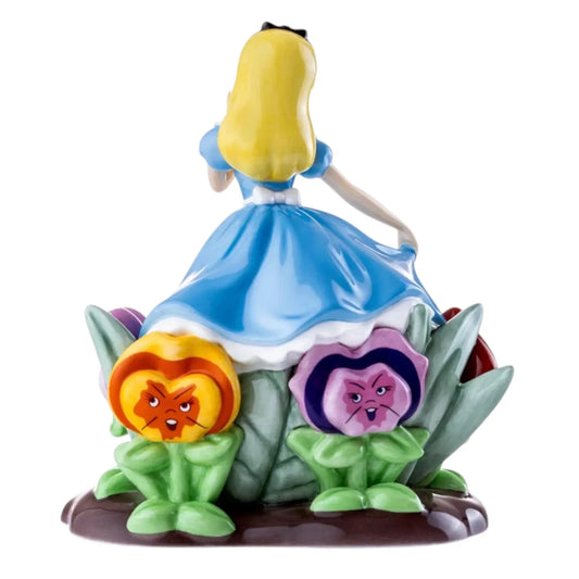 Alice in Wonderland figurine with talking flowers, blue dress, vintage home décor collectible